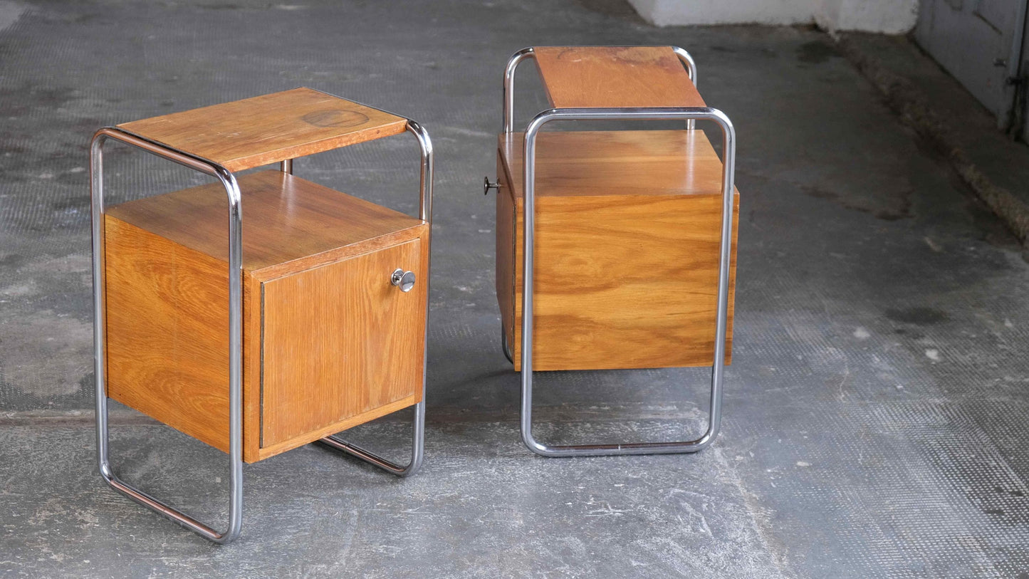 Vintage bedside table Bauhaus light brown wood veneer set of 2