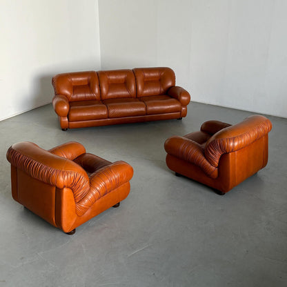 Vintage Sitz 1970er Cognac Leder Mid-Century Modern Italien Set von 3