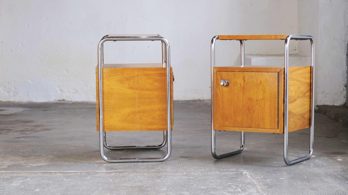 Vintage bedside table Bauhaus light brown wood veneer set of 2
