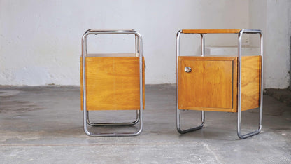 Vintage bedside table Bauhaus light brown wood veneer set of 2