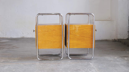 Vintage bedside table Bauhaus light brown wood veneer set of 2