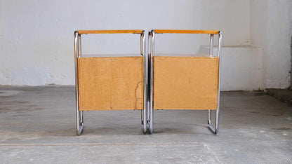 Vintage bedside table Bauhaus light brown wood veneer set of 2