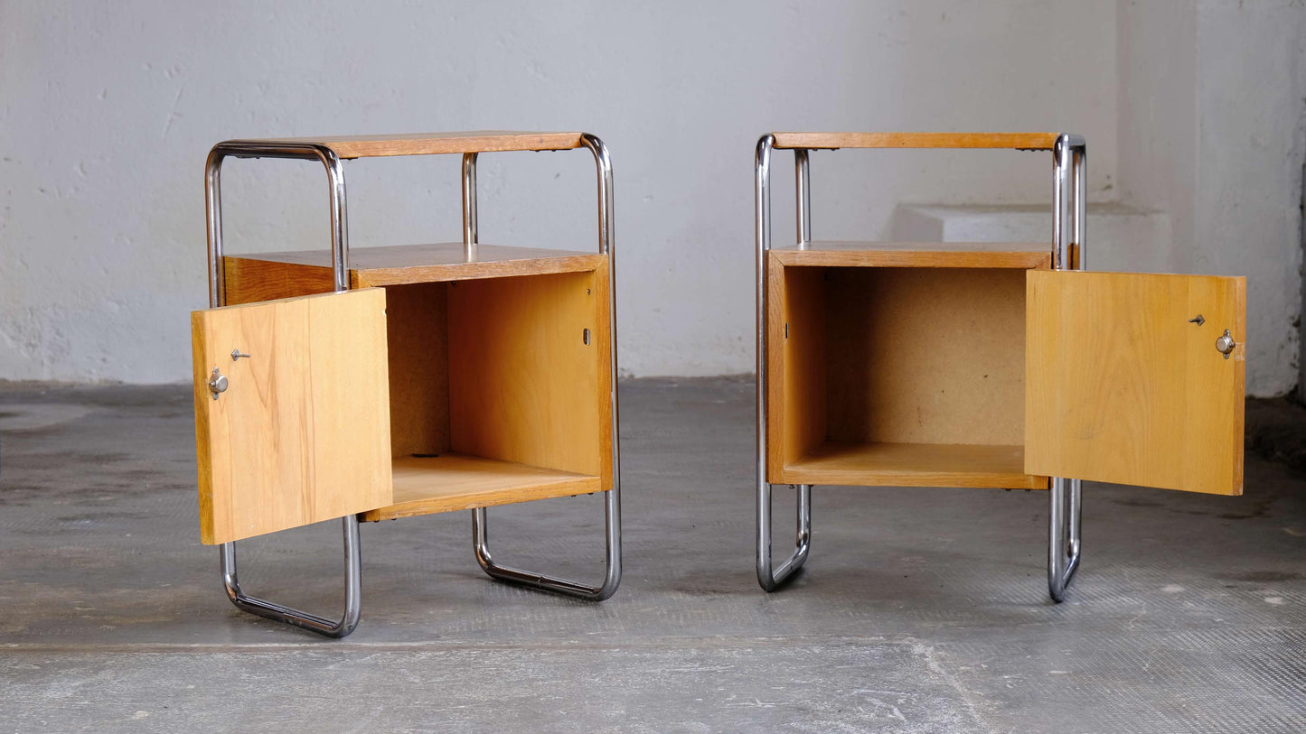 Vintage bedside table Bauhaus light brown wood veneer set of 2
