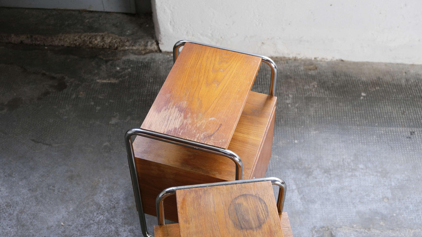 Vintage bedside table Bauhaus light brown wood veneer set of 2