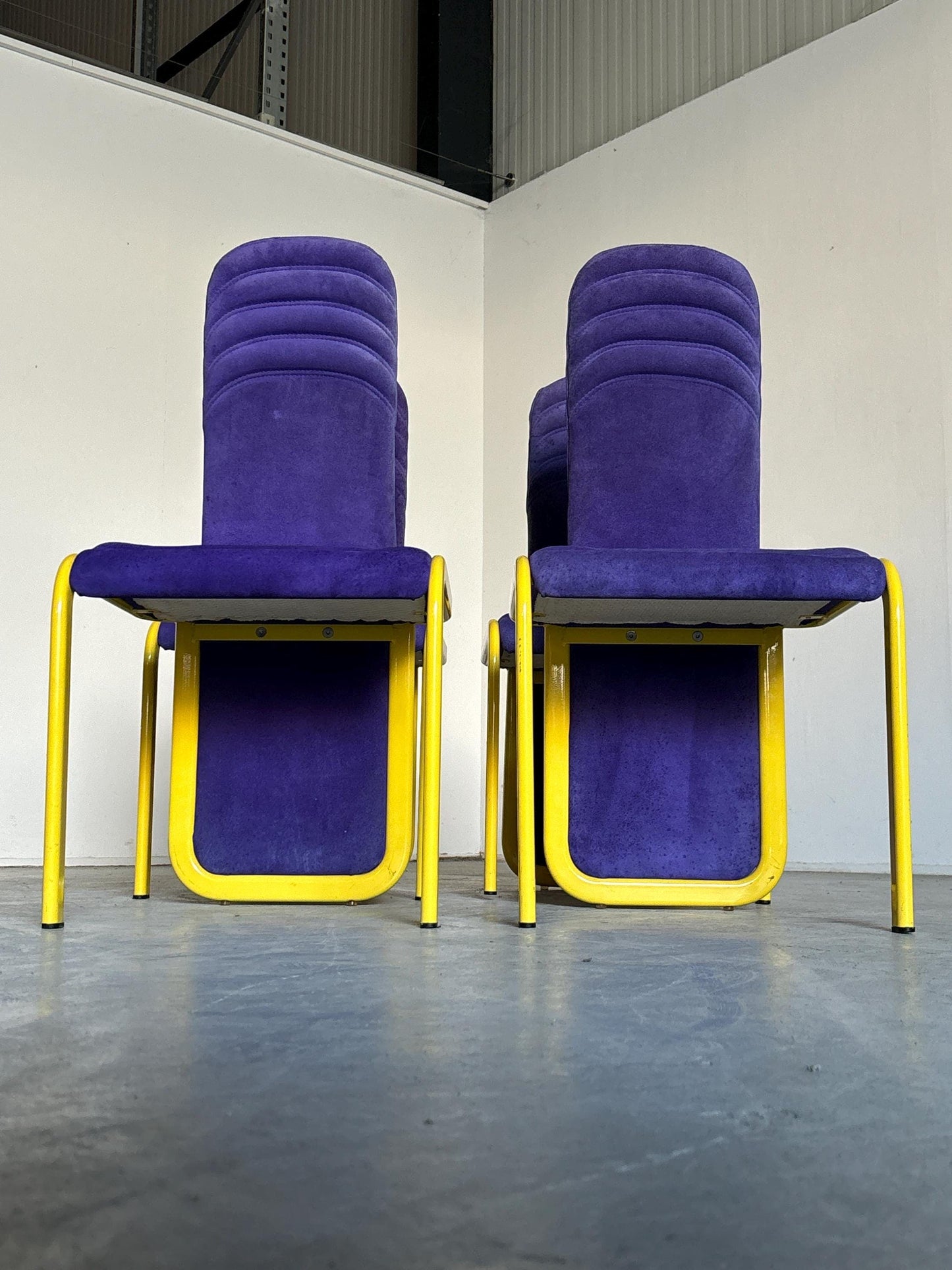 Vintage Postmodern Memphis Design Dining Chair Purple Upholstery Yellow Metal 1980s Italy Set of 4