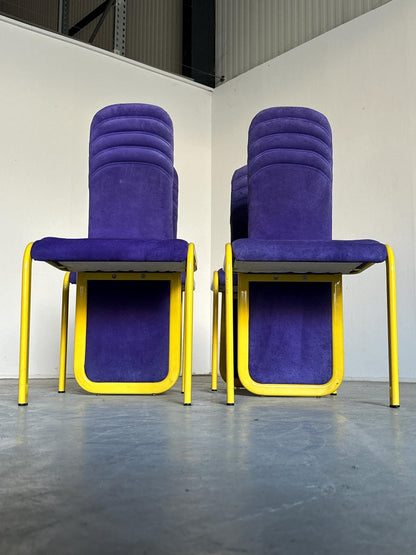 Vintage Postmodern Memphis Design Dining Chair Purple Upholstery Yellow Metal 1980s Italy Set of 4