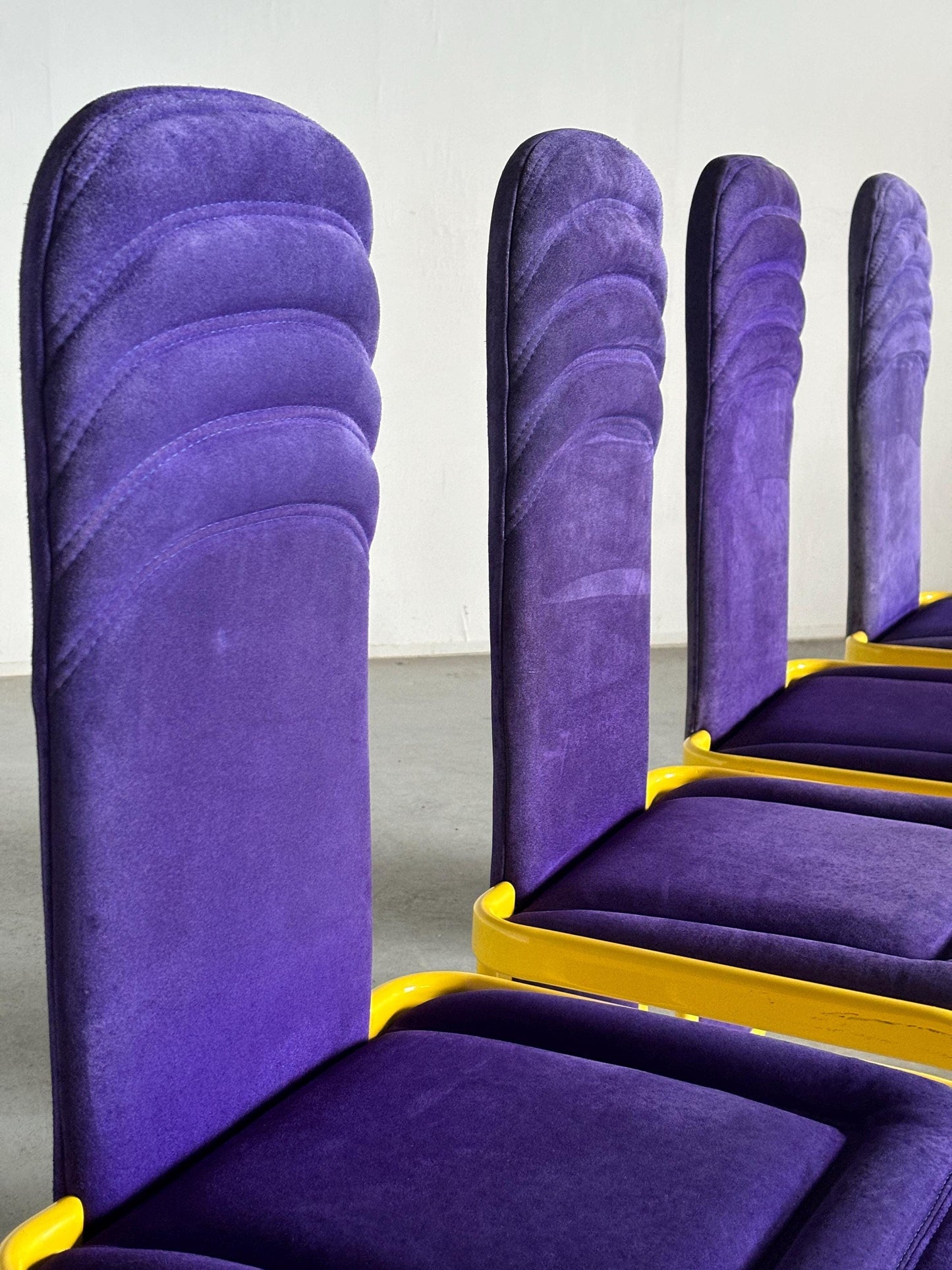 Vintage Postmodern Memphis Design Dining Chair Purple Upholstery Yellow Metal 1980s Italy Set of 4