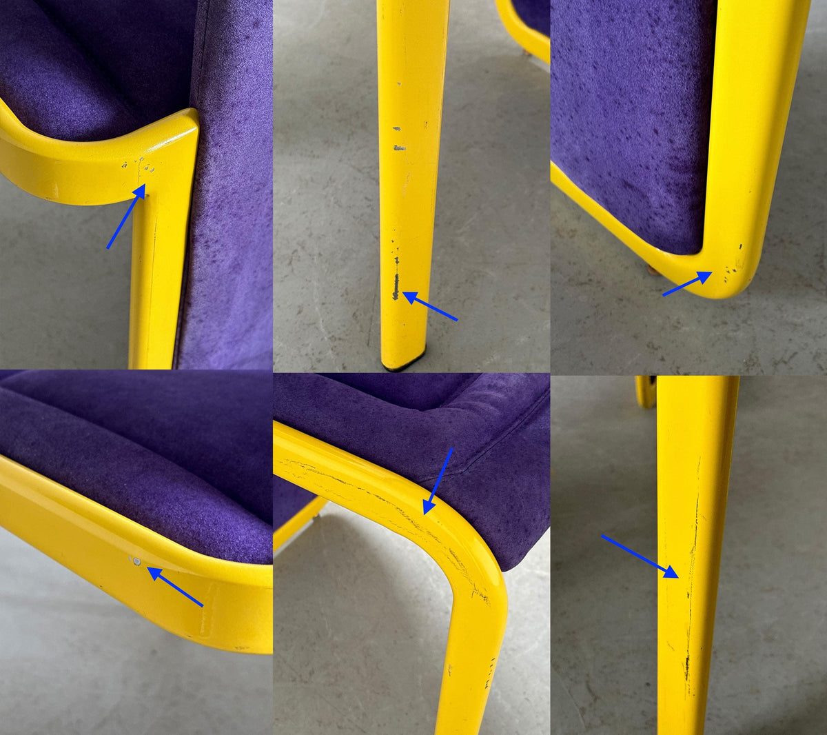 Chaises de salle à manger vintage postmodernes Memphis, revêtement violet, métal jaune, Italie, années 1980, lot de 4