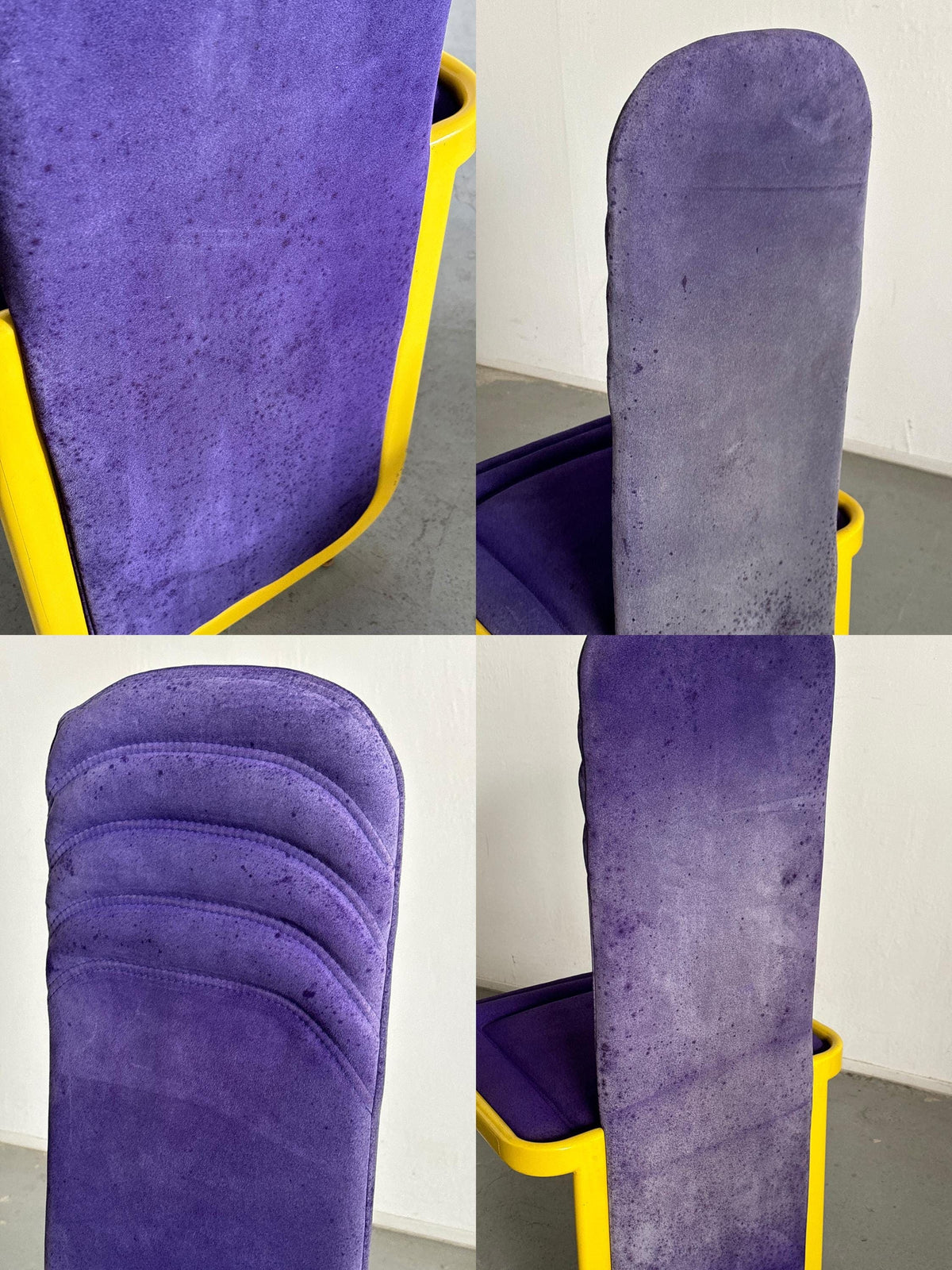 Chaises de salle à manger vintage postmodernes Memphis, revêtement violet, métal jaune, Italie, années 1980, lot de 4