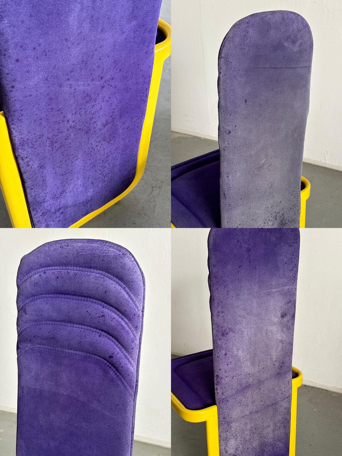 Vintage Postmodern Memphis Design Dining Chair Purple Upholstery Yellow Metal 1980s Italy Set of 4