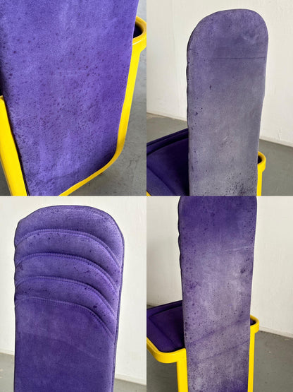 Vintage Postmodern Memphis Design Dining Chair Purple Upholstery Yellow Metal 1980s Italy Set of 4