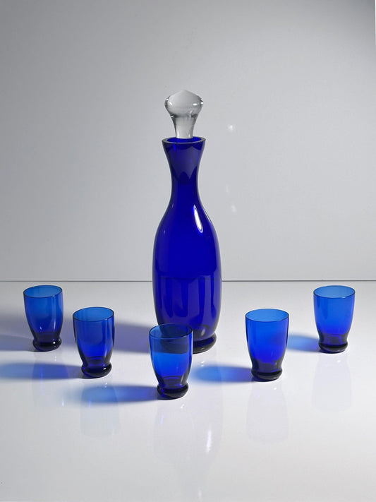 Vintage Dekanter Böhmisch Ultramarin Blau von CZ Bohemia Set von 5 Gläsern