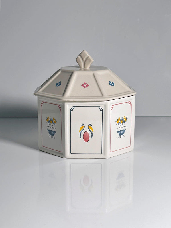 Boîte en céramique vintage avec couvercle, décor oiseaux et fleurs, années 1990
