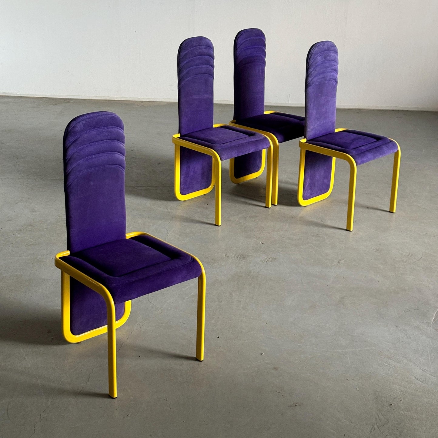 Vintage Postmodern Memphis Design Dining Chair Purple Upholstery Yellow Metal 1980s Italy Set of 4