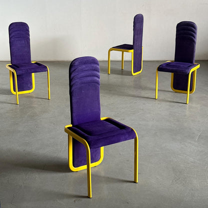 Vintage Postmodern Memphis Design Dining Chair Purple Upholstery Yellow Metal 1980s Italy Set of 4