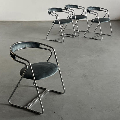 Vintage Sessel in Hellblau Grau Chrom, Stahlrohr und Samt