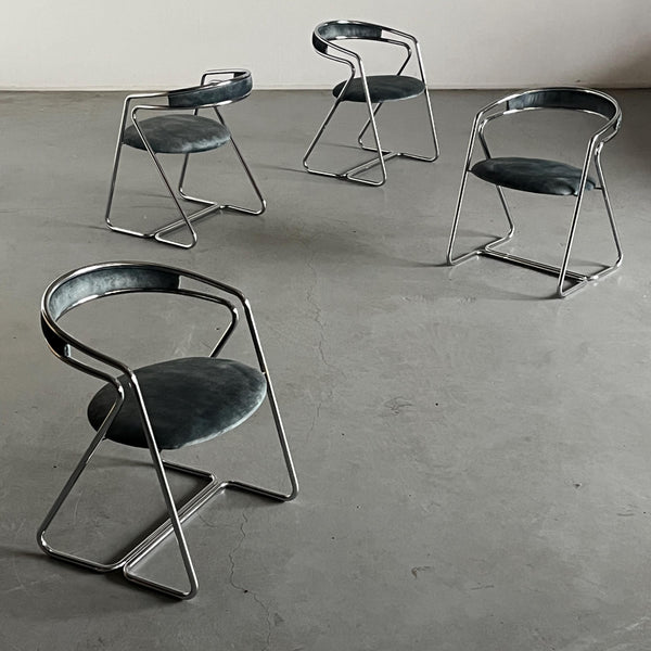 Vintage Sessel in Hellblau Grau Chrom, Stahlrohr und Samt