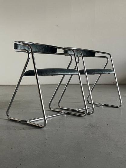 Vintage Sessel in Hellblau Grau Chrom, Stahlrohr und Samt