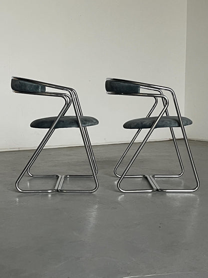 Vintage Sessel in Hellblau Grau Chrom, Stahlrohr und Samt