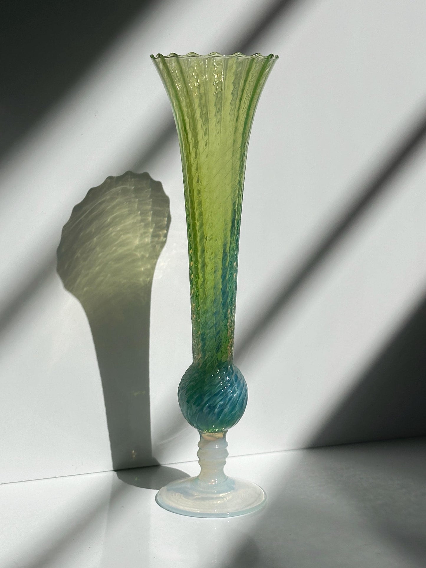 Vintage Vase Opaline Glass Pink Green Swirl Italy Pair