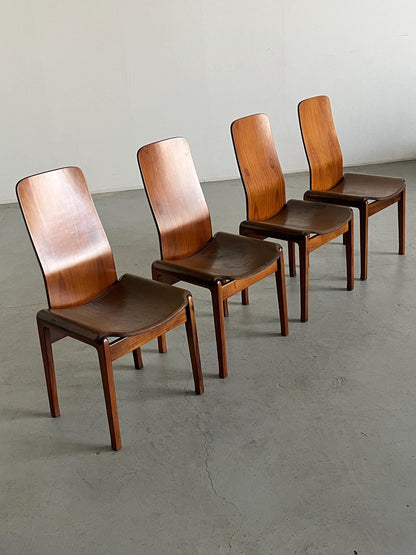 Vintage 'Fiorenza' Essstuhl von Tito Agnoli für Molteni in Leder und Walnuss Set von 4