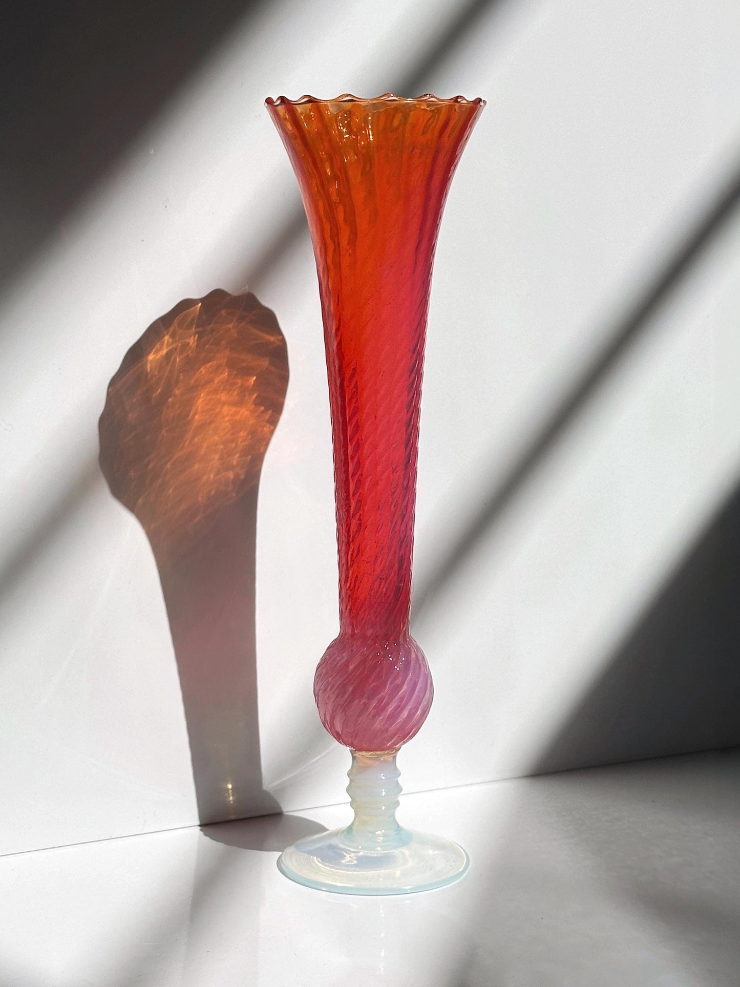 Vintage Vase Opaline Glass Pink Green Swirl Italy Pair