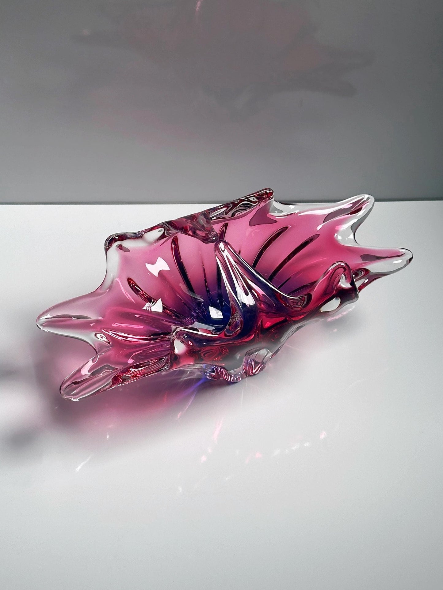 Vintage Bohemian Cranberry Violet Glass Basket Bowl by Josef Hospodka Mid Century