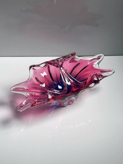 Vintage Bohemian Cranberry Violet Glass Basket Bowl by Josef Hospodka Mid Century