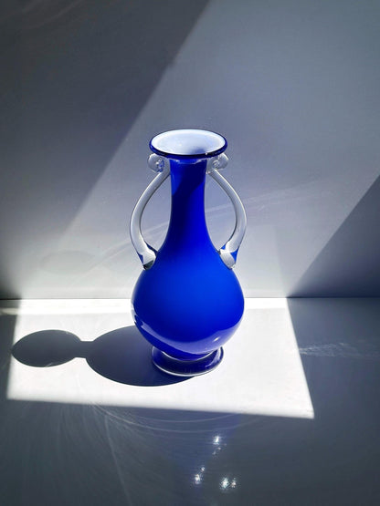 Vintage handle vase milk glass blue by Memphis