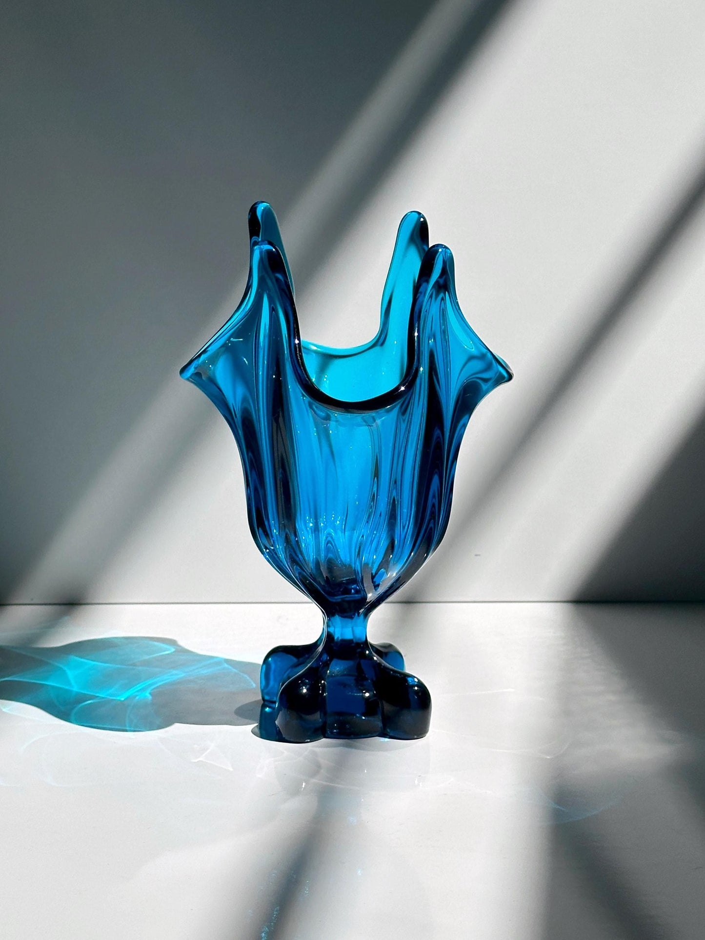 Vintage glass vase Viking Glass Epic Four Square Blue Model 1475 1960s Mid Century