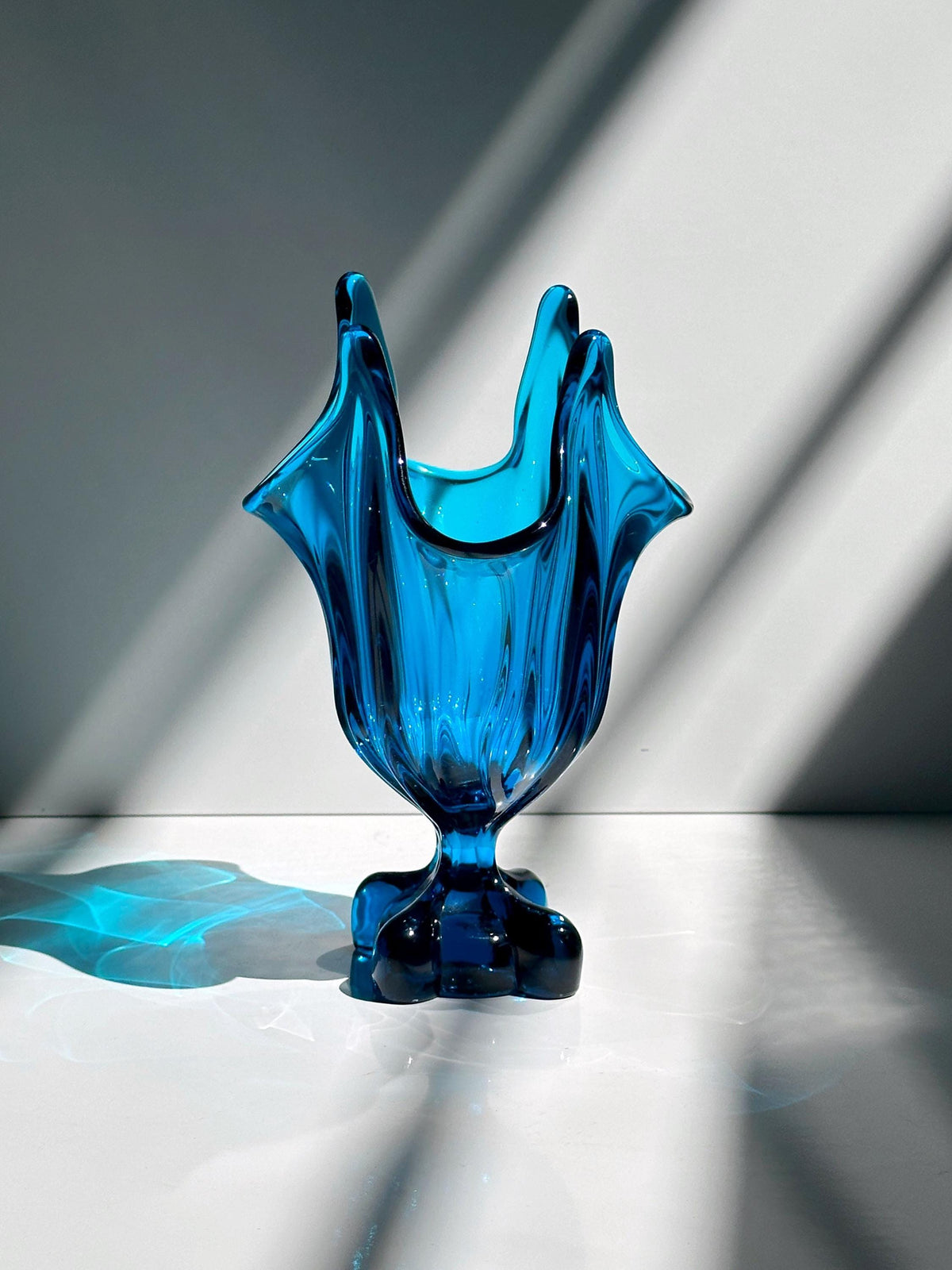 Vintage Glasvase Viking Glass Epic Four Square Blau Modell 1475 1960er Mid Century