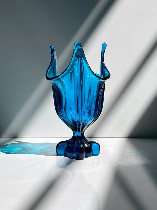 Vintage Glasvase Viking Glass Epic Four Square Blau Modell 1475 1960er Mid Century