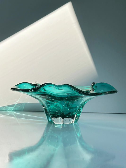 Vintage Obstschale Murano Glas Türkis von Barovier Toso 70er