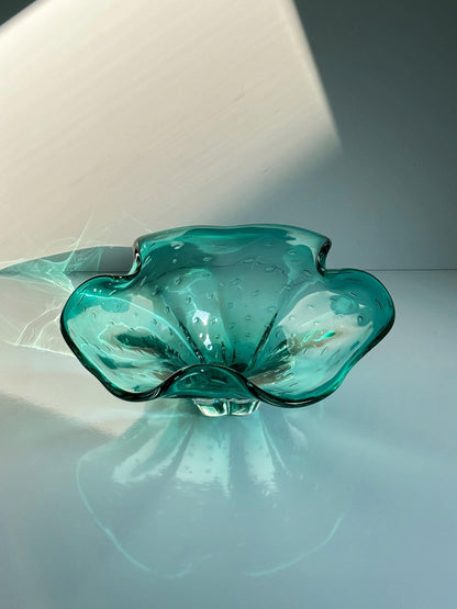 Vintage fruit bowl Murano glass turquoise by Barovier Toso 70s