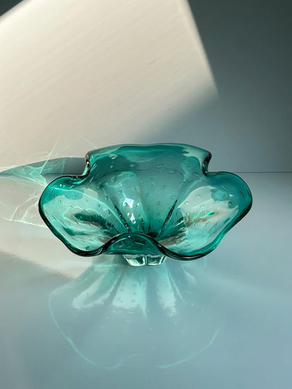 Vintage Obstschale Murano Glas Türkis von Barovier Toso 70er