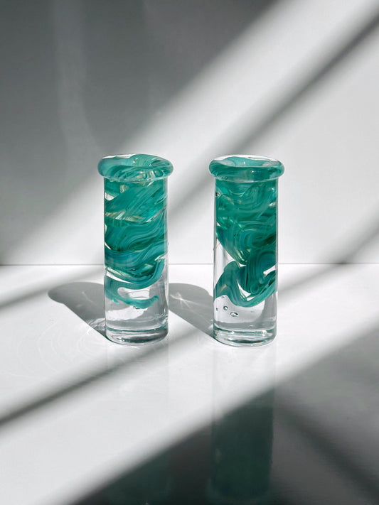 Vintage Kerzenständer Atoll Glas Türkis Mintgrün von Anna Ehrner für Kosta Boda Paar