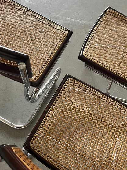 Vintage Freischwinger Essstuhl Holz Rohrgeflecht Chrom Marcel Breuer Stil 1970er Italien