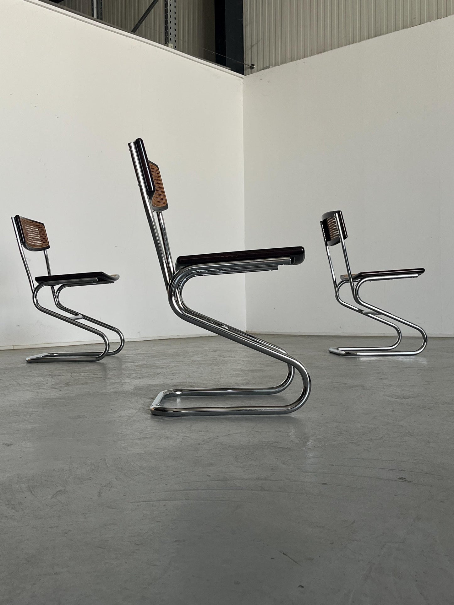 Vintage Freischwinger Essstuhl Holz Rohrgeflecht Chrom Marcel Breuer Stil 1970er Italien
