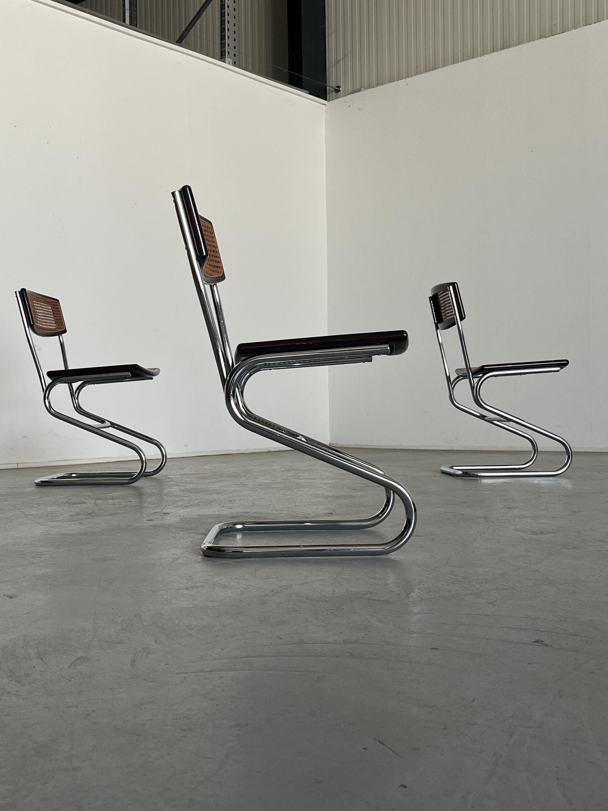 Vintage Freischwinger Essstuhl Holz Rohrgeflecht Chrom Marcel Breuer Stil 1970er Italien