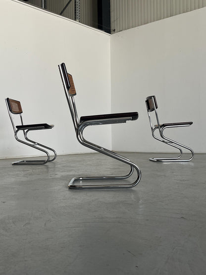 Vintage Freischwinger Essstuhl Holz Rohrgeflecht Chrom Marcel Breuer Stil 1970er Italien