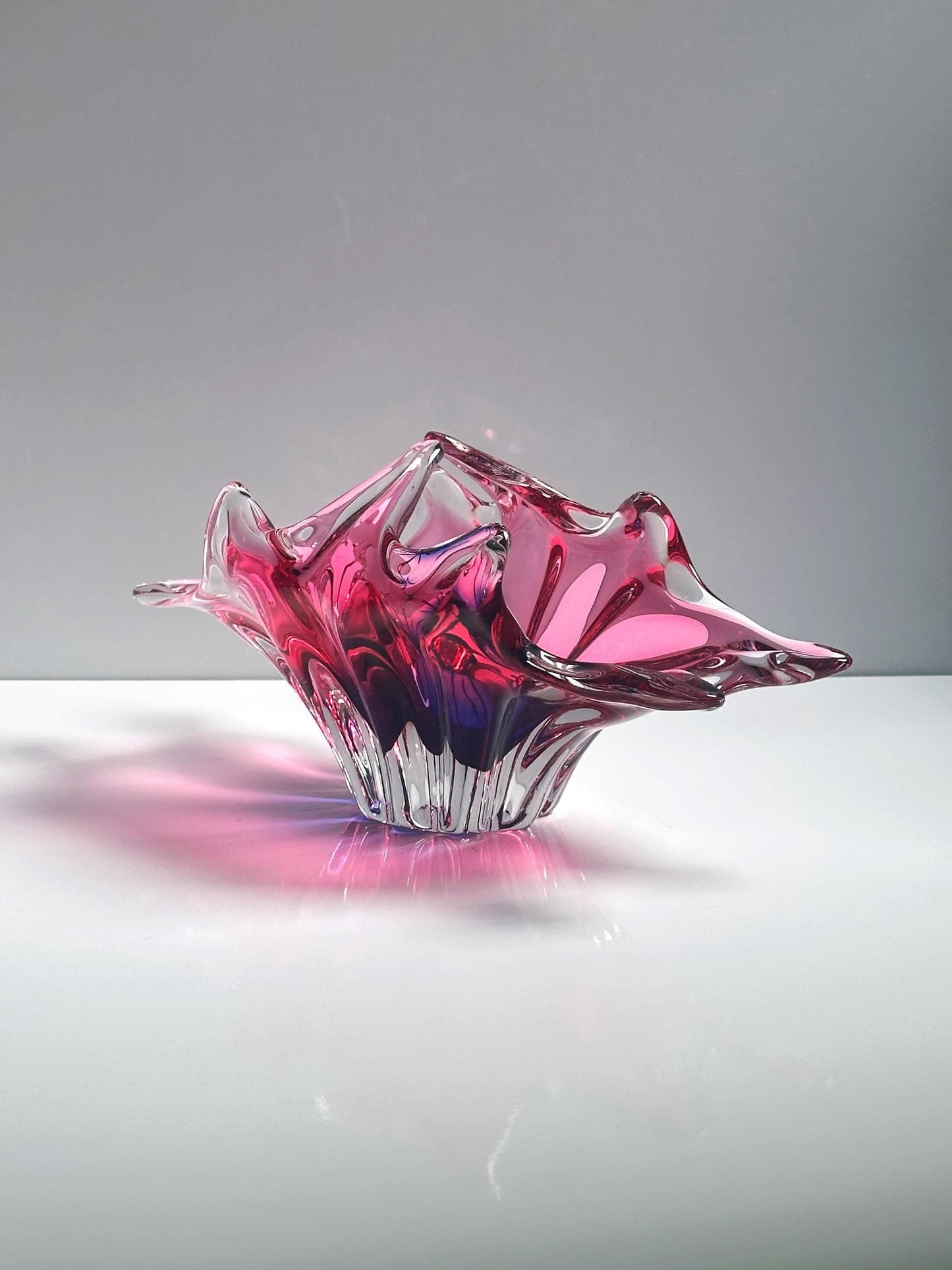 Vintage Bohemian Cranberry Violet Glass Basket Bowl by Josef Hospodka Mid Century