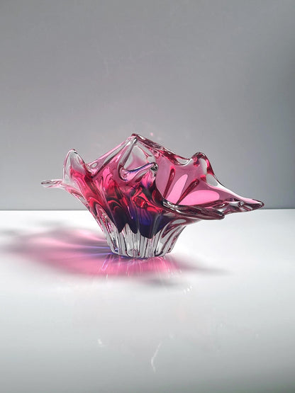 Vintage Bohemian Cranberry Violet Glass Basket Bowl by Josef Hospodka Mid Century