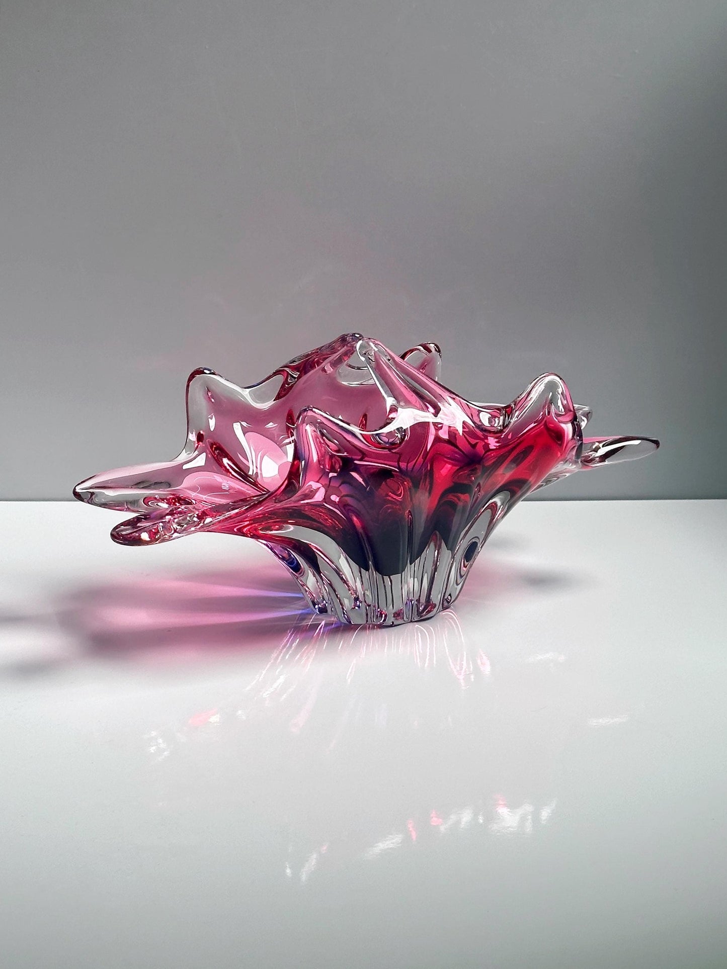 Vintage Bohemian Cranberry Violet Glass Basket Bowl by Josef Hospodka Mid Century