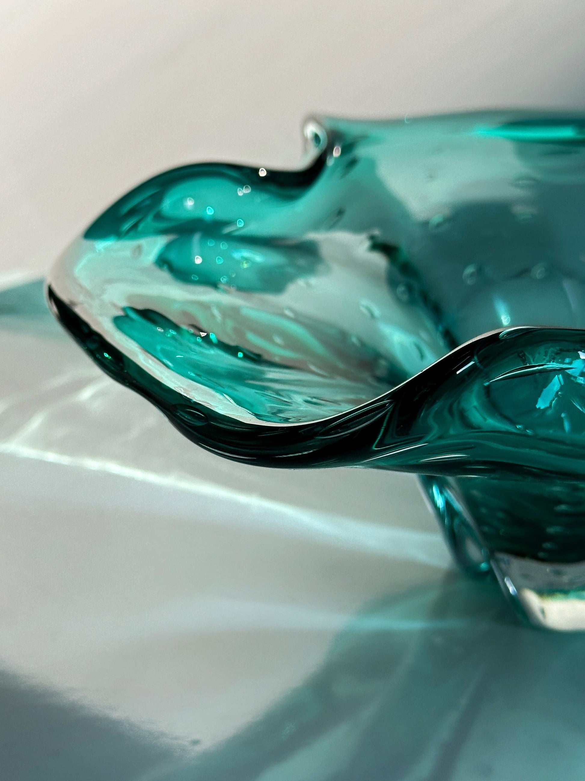 Vintage Obstschale Murano Glas Türkis von Barovier Toso 70er