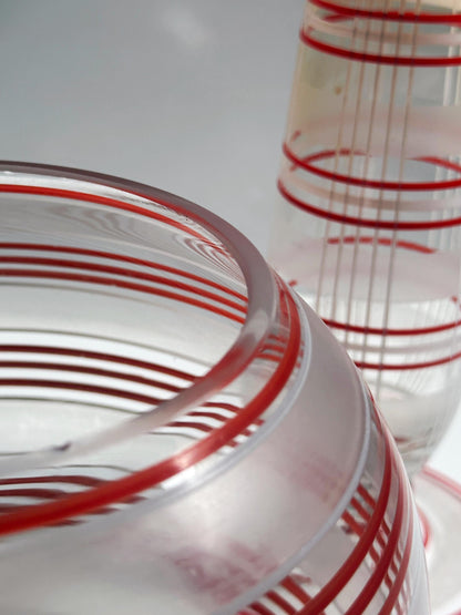 Vintage Vase Set von 2 Glas Streifen Dekor Bauhaus Art Deco handbemalt Rot Orange Weiß