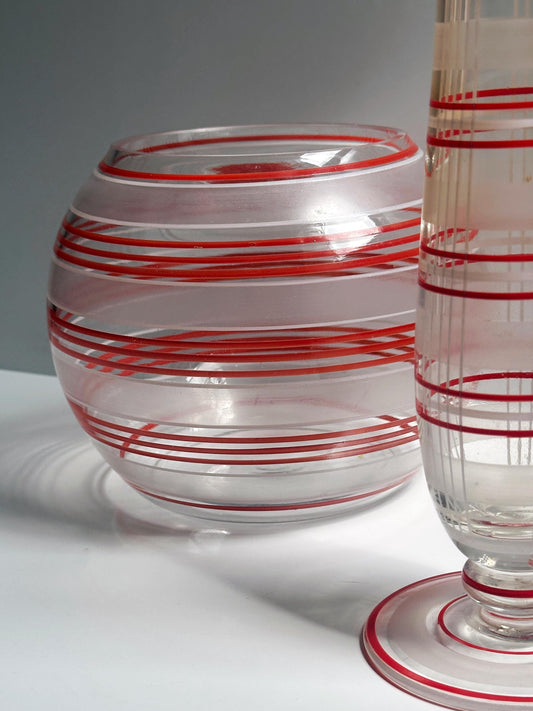 Vintage Vase Set von 2 Glas Streifen Dekor Bauhaus Art Deco handbemalt Rot Orange Weiß
