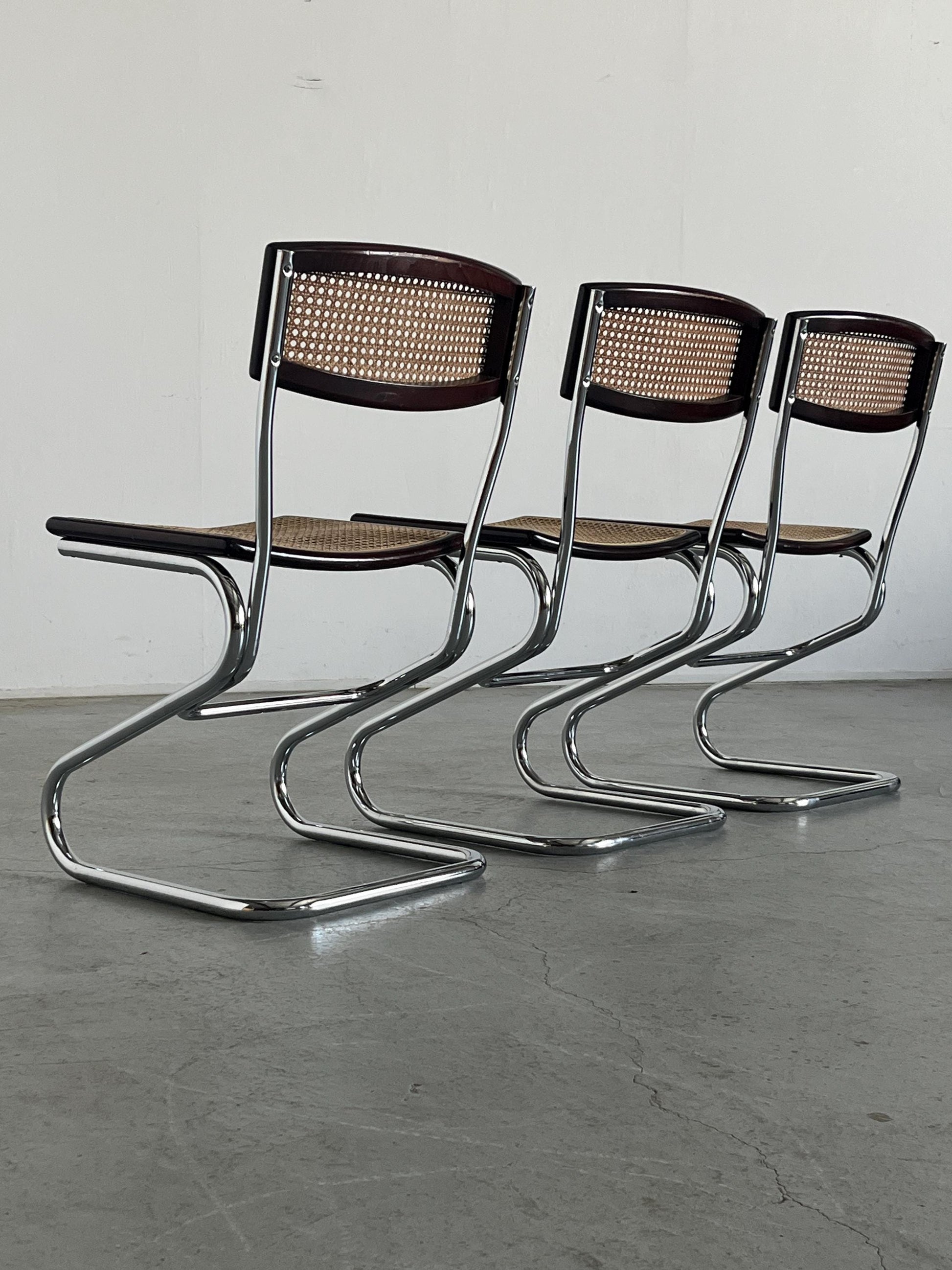 Vintage Freischwinger Essstuhl Holz Rohrgeflecht Chrom Marcel Breuer Stil 1970er Italien