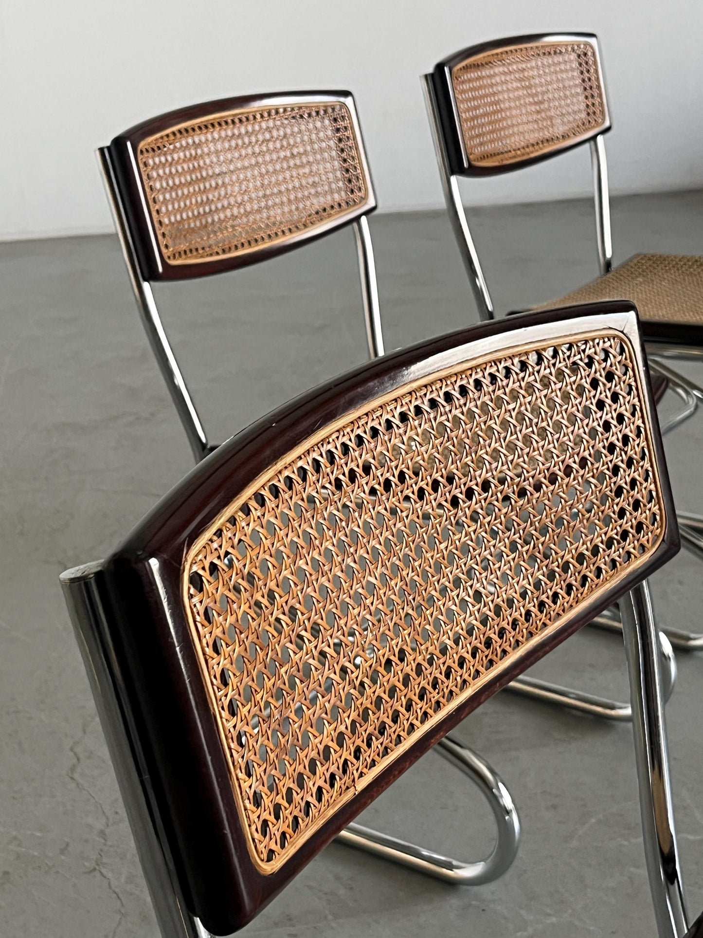 Vintage Freischwinger Essstuhl Holz Rohrgeflecht Chrom Marcel Breuer Stil 1970er Italien