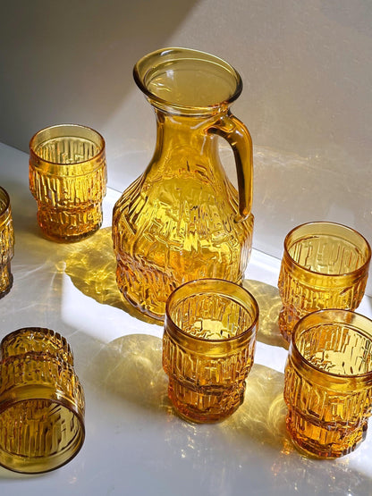 Vintage Karaffe Set von 7 Trinkgläsern Gelb von Bormioli Rocco