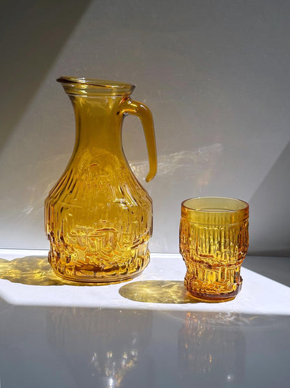 Vintage Karaffe Set von 7 Trinkgläsern Gelb von Bormioli Rocco